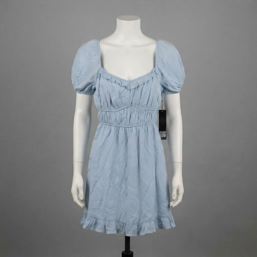 Trixxi Light Blue Puff Sleeve Ruched Sweetheart Mini Dress Ruffle Size S